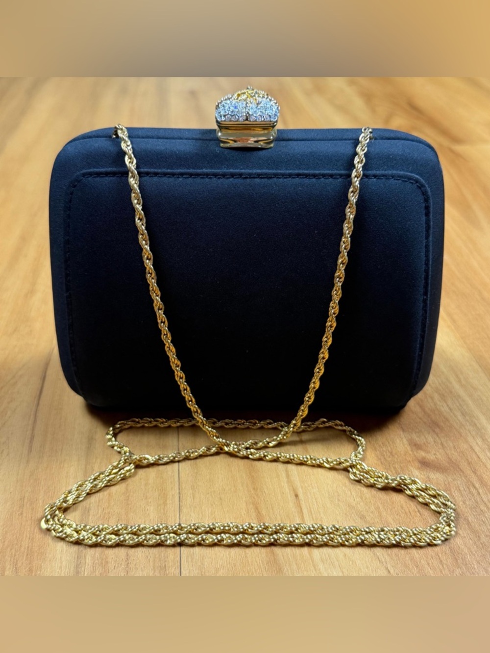 Kenneth Jay Lane Black Satin Clutch Gold Chain Rhinestone Evening Bag